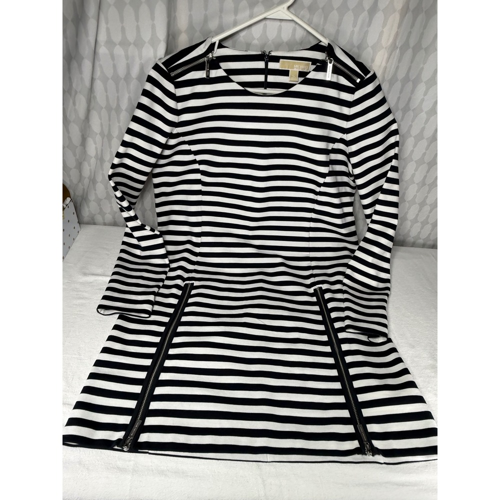 Michael Kors Black White Stripe Zipper‎ Detail Long Sleeve Dress XL